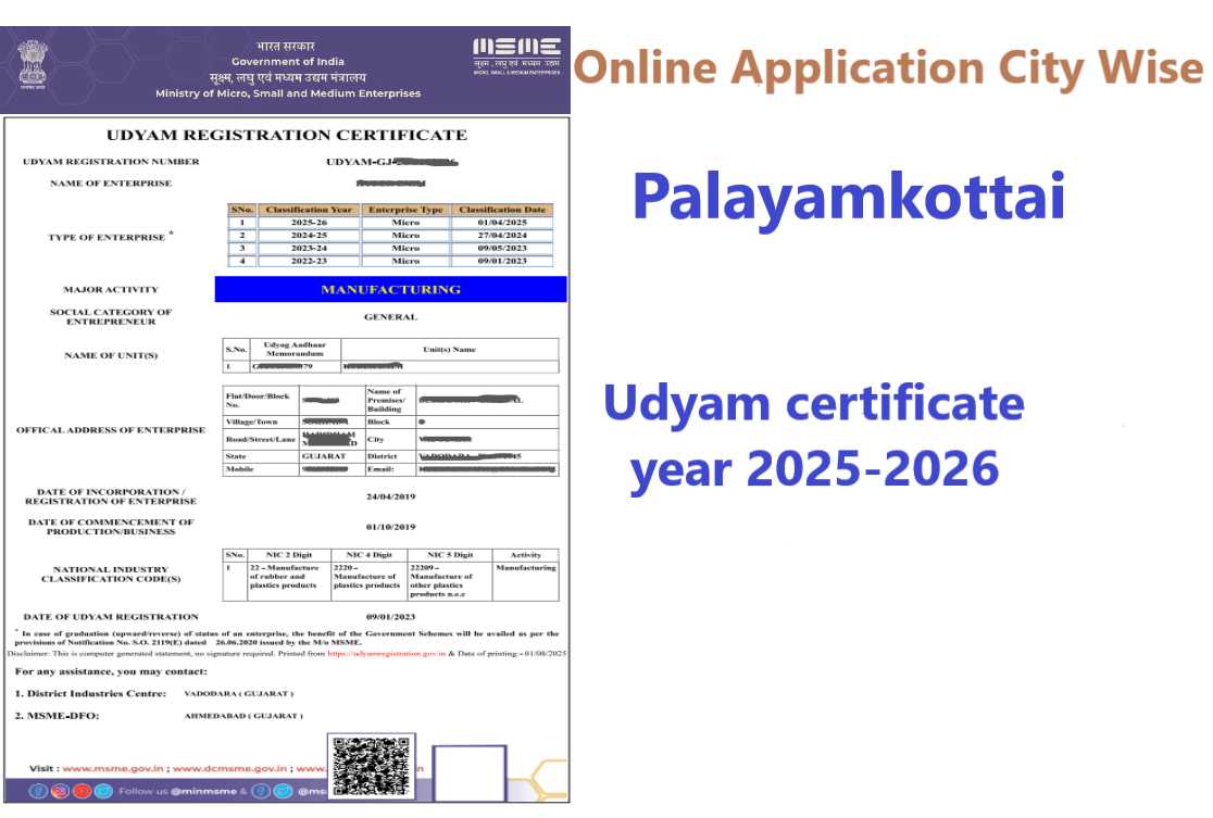 Palayamkottai  Udyam Certificate Year 2025-2026